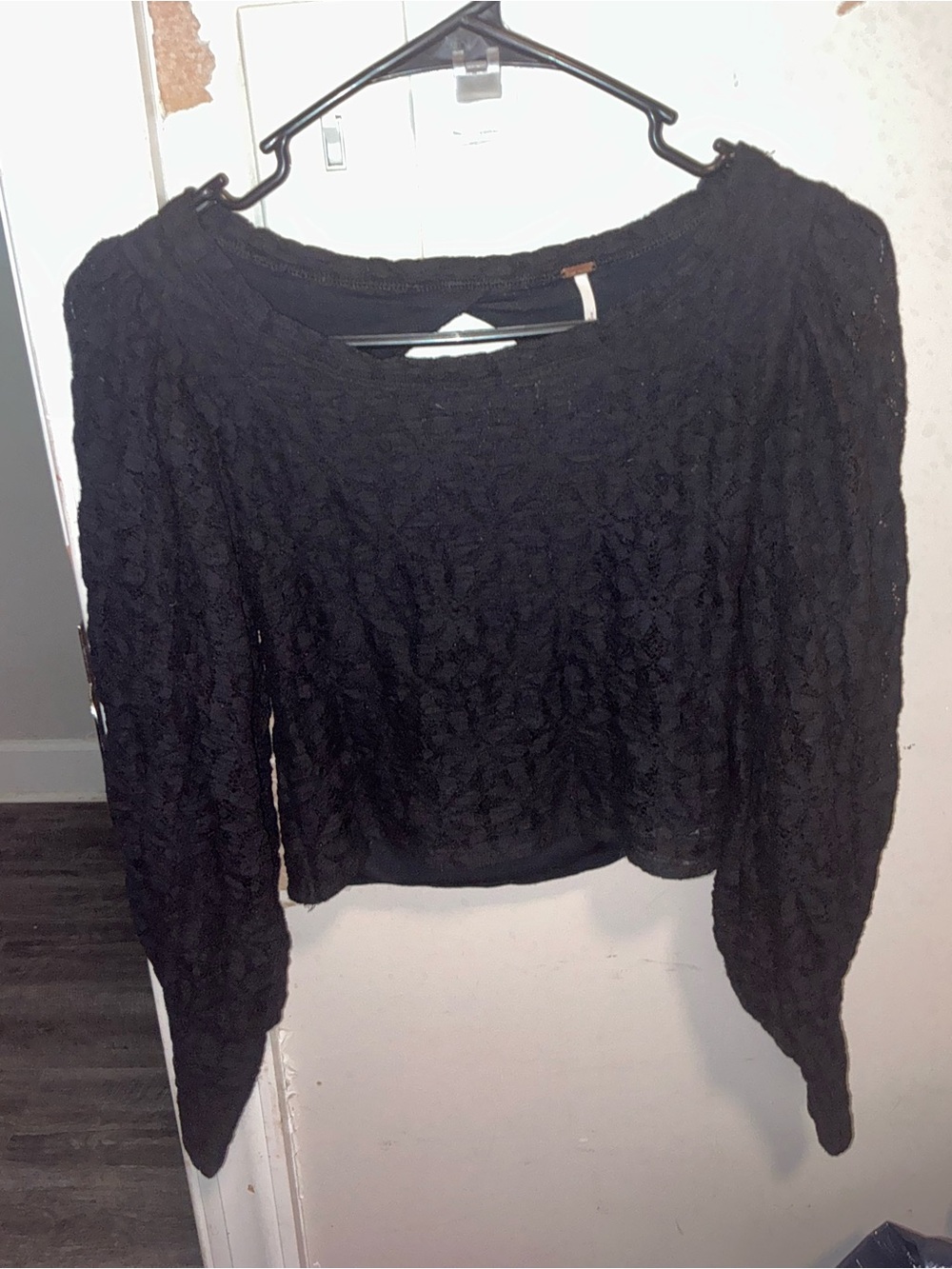 Free People Black Lace Long-Sleeve Cropped Top